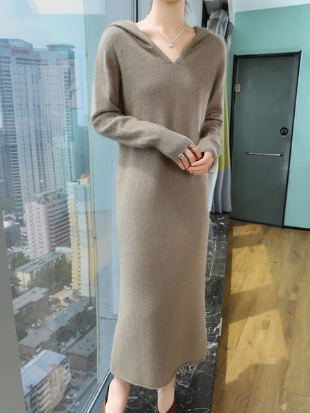 100% Mink Cashmere Hooded Knit Pullover Winter MAXI Sweater Dress