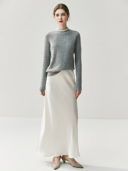 Classic French Minimalist 100% Cashmere Beaded Cable Knit Sweater