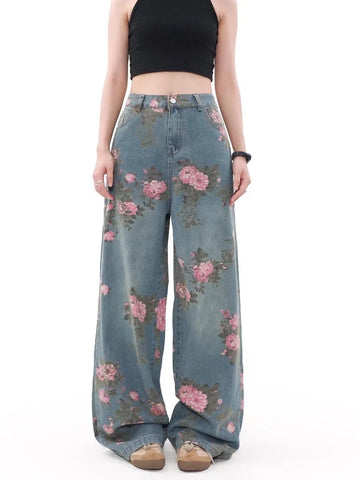 Funky Retro Rose-Patterned Mid-Waisted Palazzo Jeans