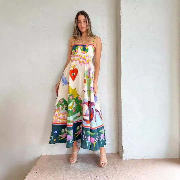 100% Linen A-Line Retro Floral Print Maxi Sundress