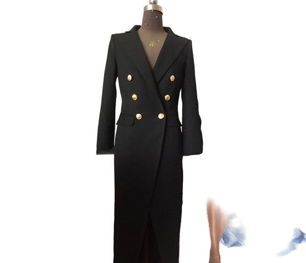 Sexy Sophisticated Cotton Blend Notched Front Split MAXI Coat Dress