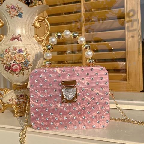 Avant Garde Bejeweled Acrylic Box-Shaped Pearl-Handled Clutch Handbag
