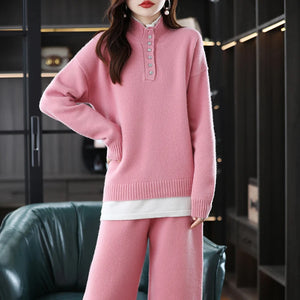 2 Piece 100% Pure Cashmere + Wool Blend Sweater + Palazzo Pants Set