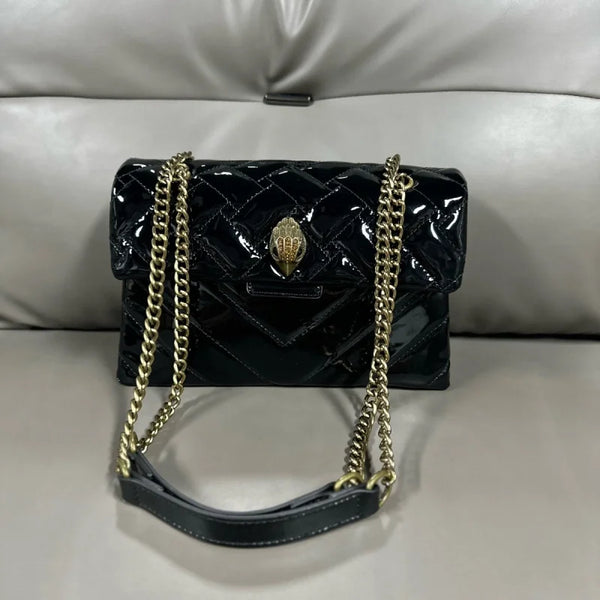 KURT GEIGER LONDON Luxury Iconic Eagle Head Adorned Patent Leather Shoulder Bag