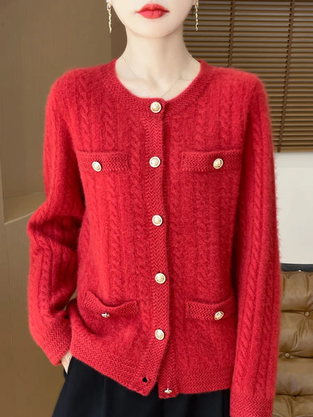 100% Merino Wool Buttoned Chanel Style Cable Knit Cardigan