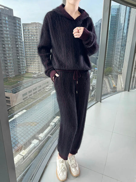 Super Thick Warm 2 Piece 100% Wool Hoodie+Pencil Pants Set