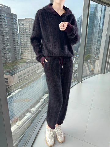 Super Thick Warm 2 Piece 100% Wool Hoodie+Pencil Pants Set