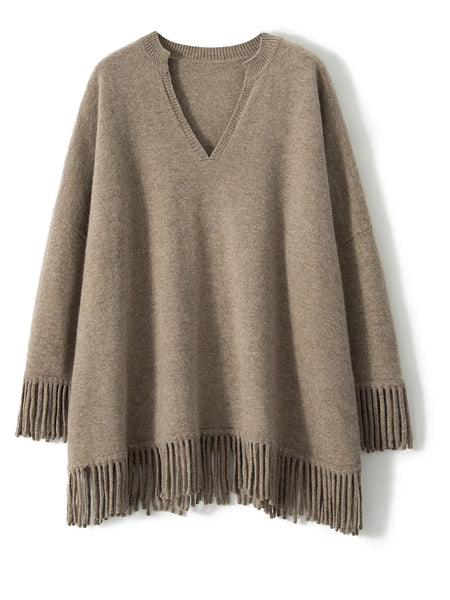 Roomy 2 Piece 100% Cashmere Tasseled Bohemian Sweater+MIDI Skirt Set