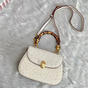 Elegant 100% Ostrich Skin Saddle-Style Bamboo Top Handle Bag