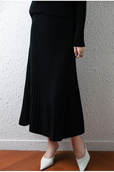 Elegant 100% Merino Wool Pullover Sweater+A-Line MAXI Skirt Set