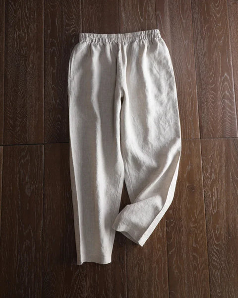 Elegant 100% Linen Mid-Waisted Ankle-Length Pants