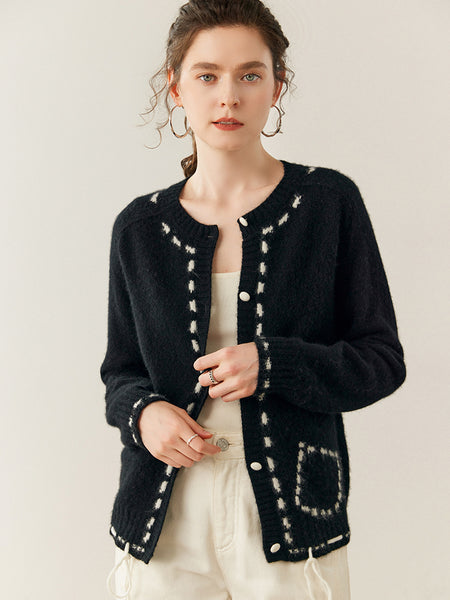 100% Cashmere String-Piped Densely Knit Warm Cardigan