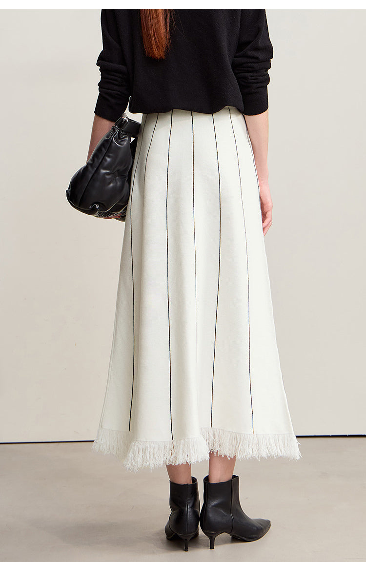 Elegant Minimalist Tassel Hemmed Warm Wool Blend A A-LineWinter MAXI Skirt