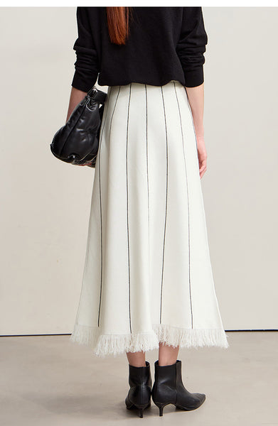 Elegant Minimalist Tassel Hemmed Warm Wool Blend A A-LineWinter MAXI Skirt