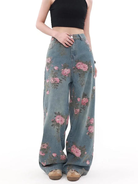 Funky Retro Rose-Patterned Mid-Waisted Palazzo Jeans