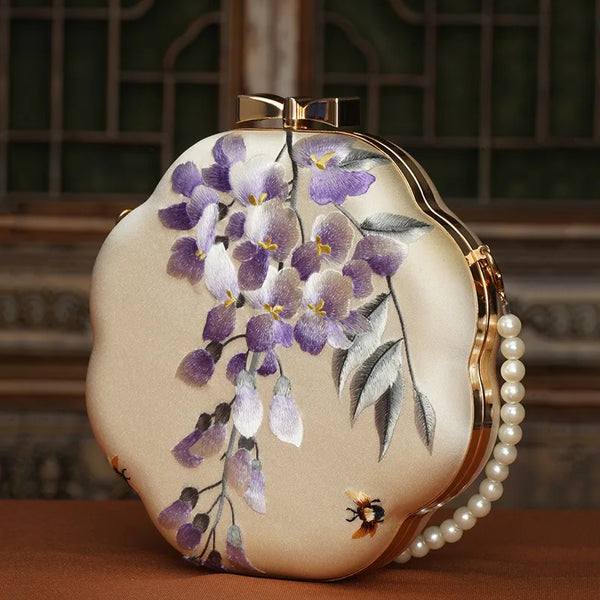 Exquisite Silky Embroidered Octagonal Pearly Strap MINI Shoulder Bag