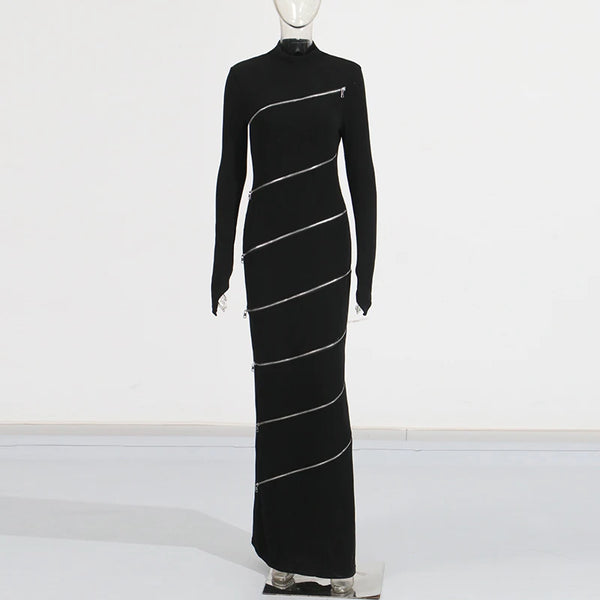 Sexy Zippy Cotton Blend Bodycon Figure Hugging Party|Club MAXI Dress
