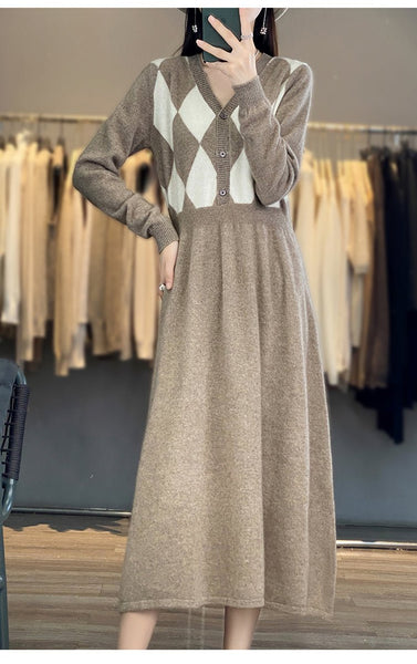 100% Wool Classic A - Line Flared English Argyle 3 Season MIDI Dress - Wigging It Etc