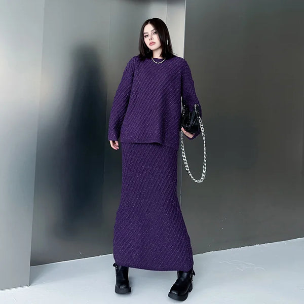 2 Piece Cotton Blend Oversized Pullover Sweater+MAXI Skirt Set