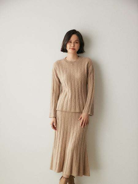 100%*Alxa Cashmere Pullover Sweater+Pleated Autumn Winter MIDI Skirt Set