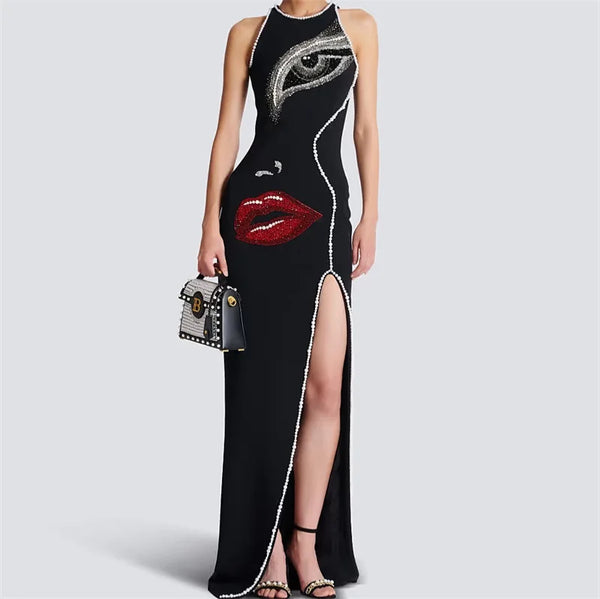 Sexy Curve Hugging Blingy 100% Cotton Front Split MAXI Party Dress