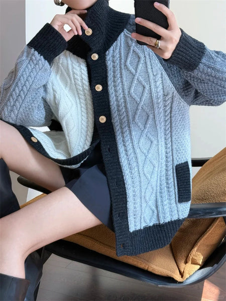 100% Merino Wool Intricately Twisted Patchwork Multicolored Cardigan