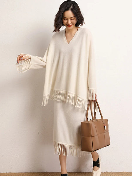 Roomy 2 Piece 100% Cashmere Tasseled Bohemian Sweater+MIDI Skirt Set