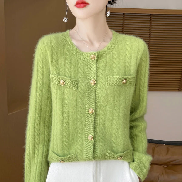 100% Merino Wool Buttoned Chanel Style Cable Knit Cardigan