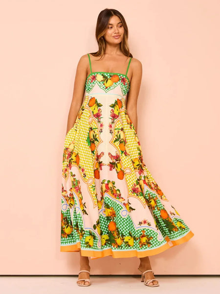 100% Linen A-Line Retro Floral Print Maxi Sundress