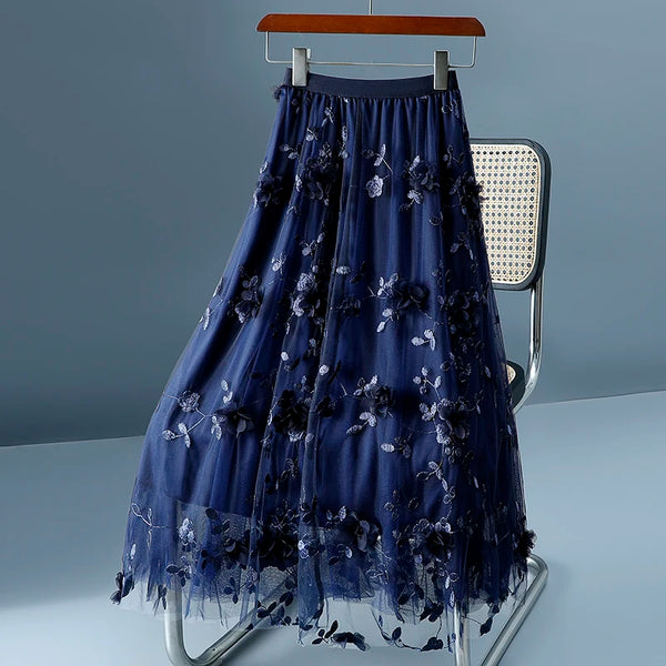 Unique 3D Flowered A-Line Tulle Harajuku Skirt