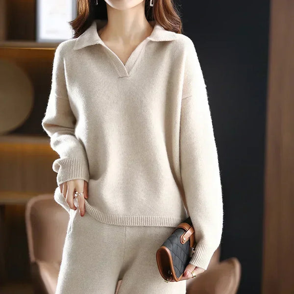 Elegant 2-Piece Cashmere Wool Blend Sweater + Palazzo Pants Set