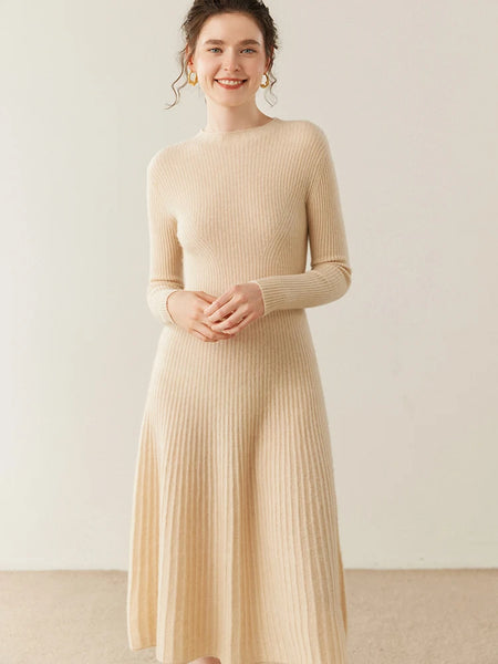 Chic Elegant Pleated Flared 100% Cashmere MIDI Winter Dress