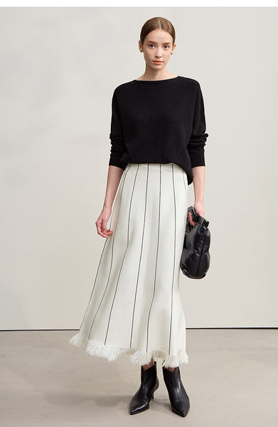 Elegant Minimalist Tassel Hemmed Warm Wool Blend A A-LineWinter MAXI Skirt