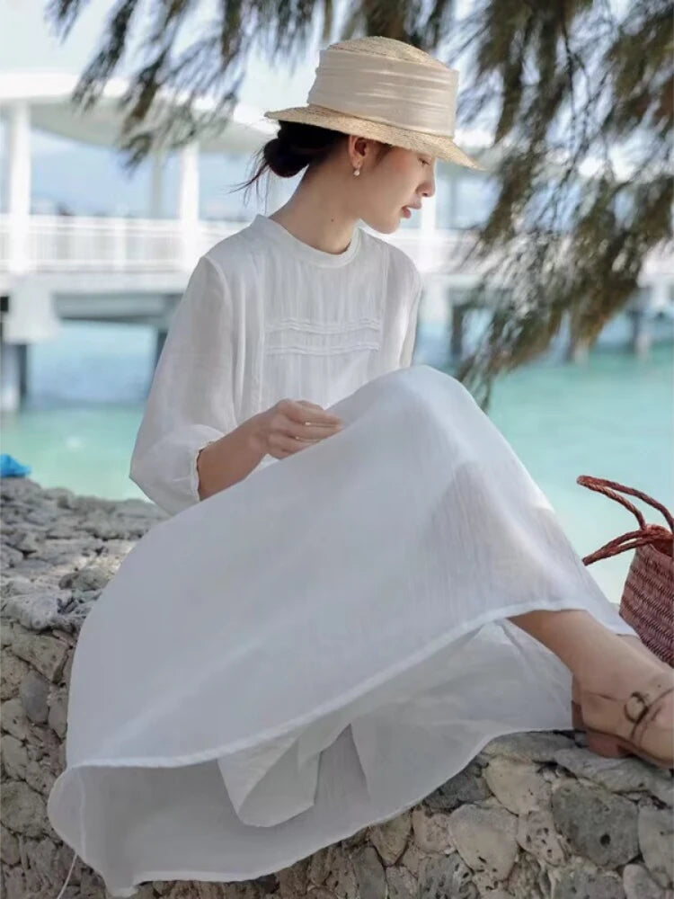 100% Ramie Pleated Double Layer Lace-Up MAXI Dress