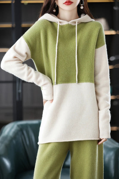 Opulent Densely Knit 100% Merino Hooded Sweatshirt+Palazzo Pants Set