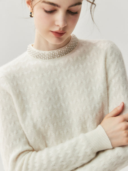 Classic French Minimalist 100% Cashmere Beaded Cable Knit Sweater