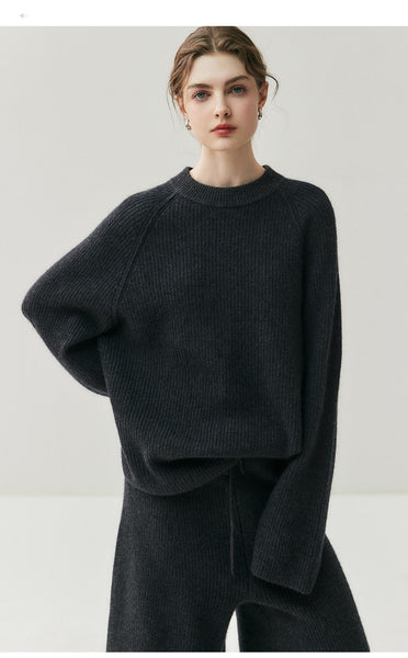 3 Piece 100% Cashmere British Minimalist Sweater+Palazzo Pants+Hat Set