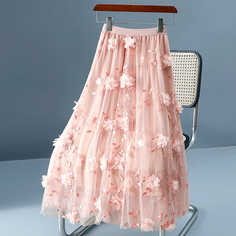 Unique 3D Flowered A-Line Tulle Harajuku Skirt