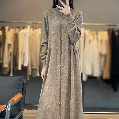 100% Cashmere + 100% Wool Knit Long-Sleeved MAXI Dress