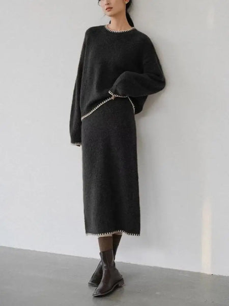 2 Piece Cotton Blend Pullover Top+A-Line Winter Skirt Set