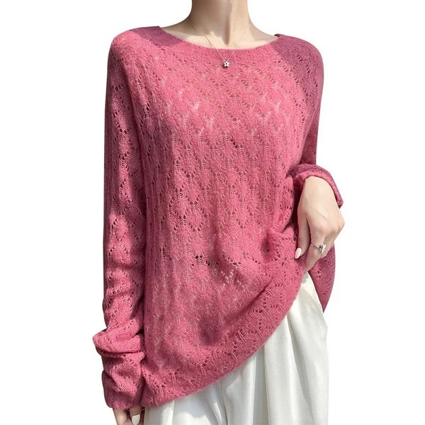 Premium Quality Cashmere+Mulberry Silk Blended Hollowed Baggy Sweater