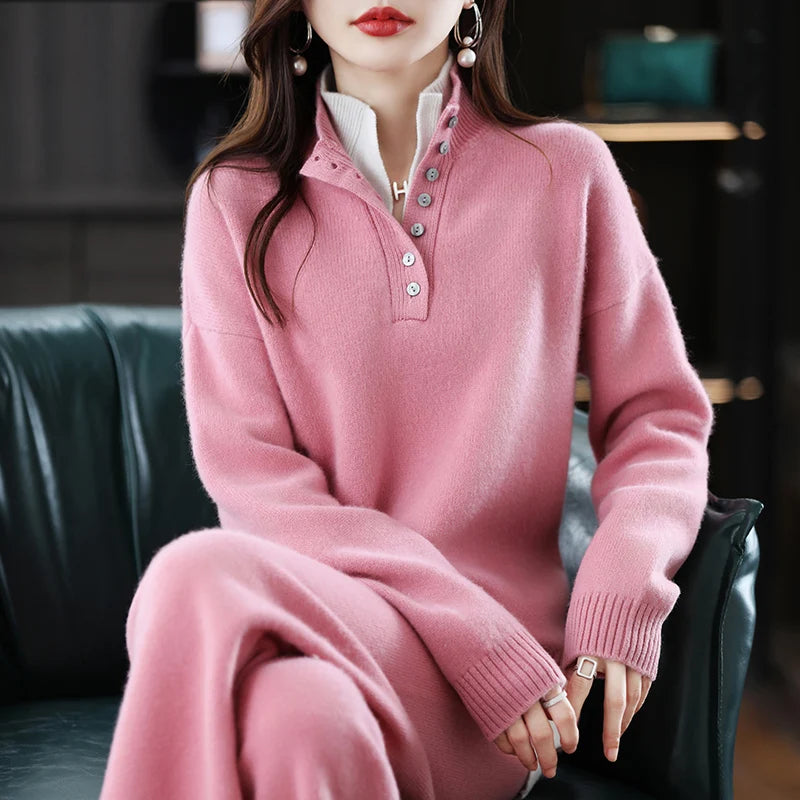 Plush 2-Piece 100% Cashmere Pullover Sweater + Knit Palazzo Pants Set