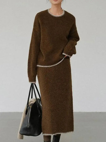 2 Piece Cotton Blend Pullover Top+A-Line Winter Skirt Set