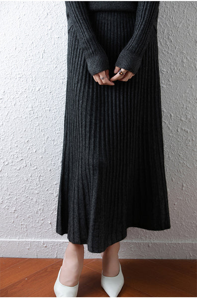 Elegant 100% Merino Wool Pullover Sweater+A-Line MAXI Skirt Set