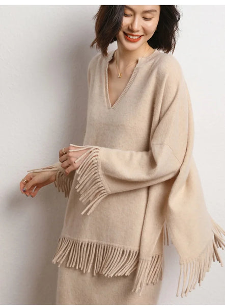 Roomy 2 Piece 100% Cashmere Tasseled Bohemian Sweater+MIDI Skirt Set