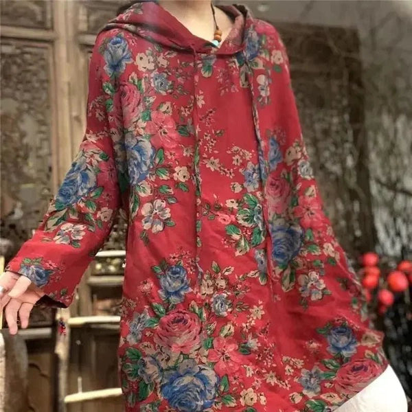 Vintage Floral Breathable Cotton Linen Hoodie Sweatshirt - Wigging It Etc