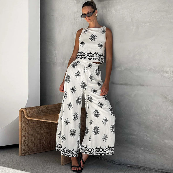 2 Piece Cotton Linen Print Tank Top+Palazzo Pants Set