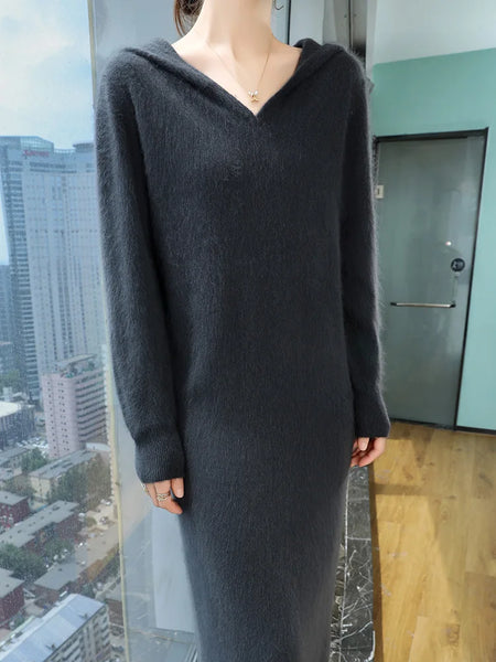 100% Mink Cashmere Hooded Knit Pullover Winter MAXI Sweater Dress