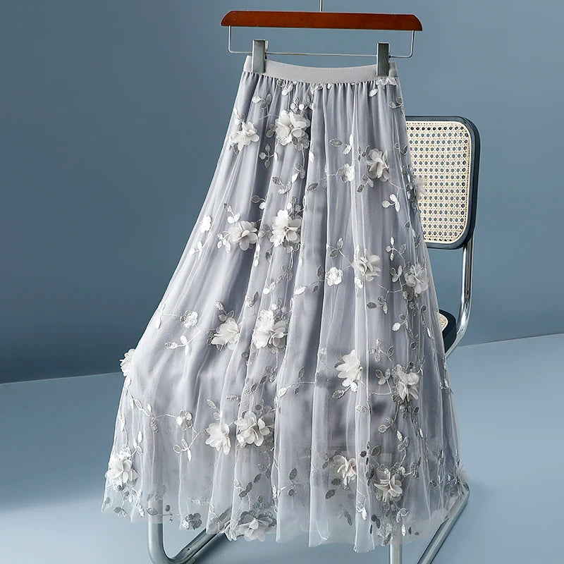 Unique 3D Flowered A-Line Tulle Harajuku Skirt