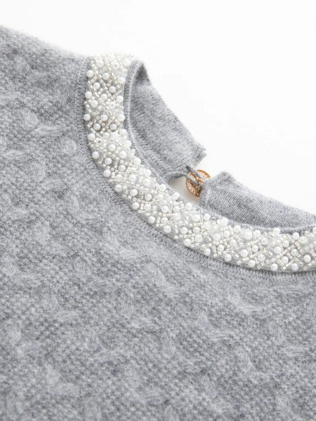 Classic French Minimalist 100% Cashmere Beaded Cable Knit Sweater